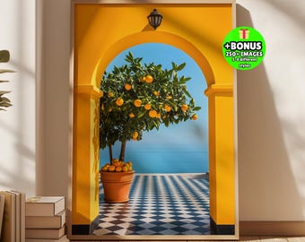 Mediterranean Citrus Tree Wall Art, Italian Archway Print, Coastal Sea View Decor, Amalfi Style Poster, Yellow Arch Travel Summer Artwork