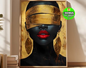 Abstract Gold Blindfold Woman Portrait, Black Girl Wall Art, Afro Fashion Artwork, Modern Glam Poster, Elegant Decor, Luxury Feminine Print