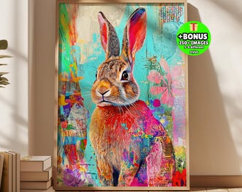 Colorful Rabbit Wall Art, Bunny Portrait Print, Abstract Animal Poster, Maximalist Eclectic Decor, Vibrant Modern Nursery Decor for Playroom