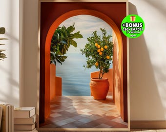 Mediterranean Archway Wall Art, Citrus Tree Coastal Print, Italian Seaside Poster, Terracotta Doorway Artwork, European Summer Coastal Decor