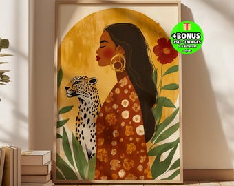 Black Woman Leopard Wall Art, Afrocentric Botanical Portrait, Modern Safari Chic Print, Gold Neutral Poster, Feminine Decor, Tropical Leaves