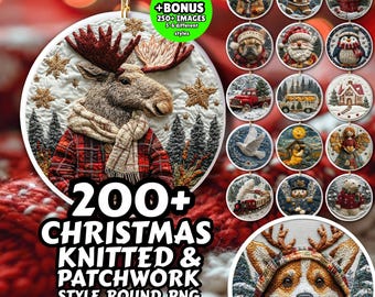 200+ Christmas Knitted Patchwork PNG Bundle, Holiday Ornaments, POD Designs