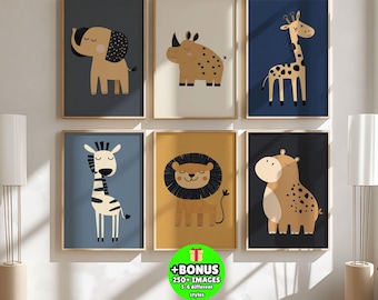 Set of 6 Animals Print, Safari Wall Art Collection, Safari Animal Nursery, Elephant Poster, Rhino Deco, Zebra Printable, Hippo Clipart, Lion