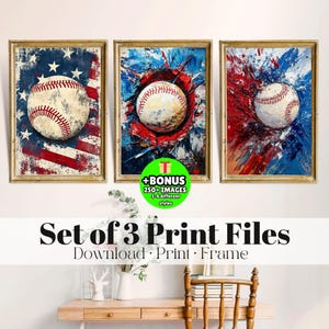 Arte mural del 4 de julio, set imprimible de béisbol, decoración patriótica de EE. UU., empasto rojo, blanco y azul, pintura al óleo vintage, pósteres del Día de la Independencia