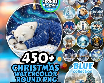 450+ Blue Christmas PNG Bundle, Watercolor Ornaments, Holiday Animals (Digital Download)