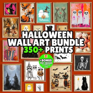 May include: A collection of framed Halloween-themed art prints. The artwork includes images of pumpkins, ghosts, witches, skeletons, and bats. The text "Halloween Wall Art Bundle 350+ Prints" is displayed.