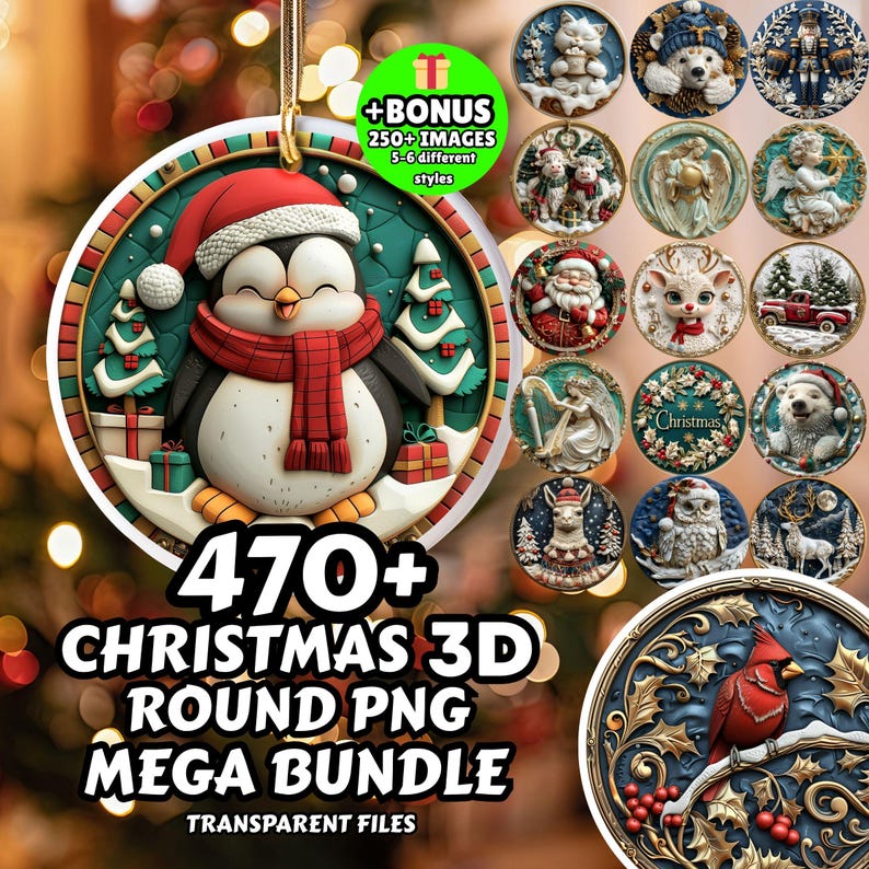 May include: A collection of Christmas-themed 3D round PNG images. The main image features a penguin wearing a Santa hat and scarf. The text reads "470+ Christmas 3D Round PNG Mega Bundle" with "Transparent Files" below. Additional images include Santa, angels, and animals.
