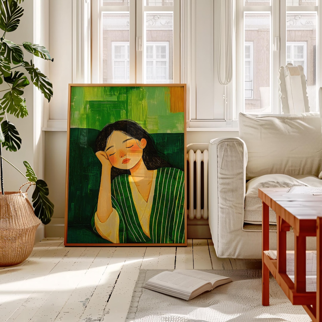 Emerald Green Woman Portrait Print, Japandi Home Decor (digital ...