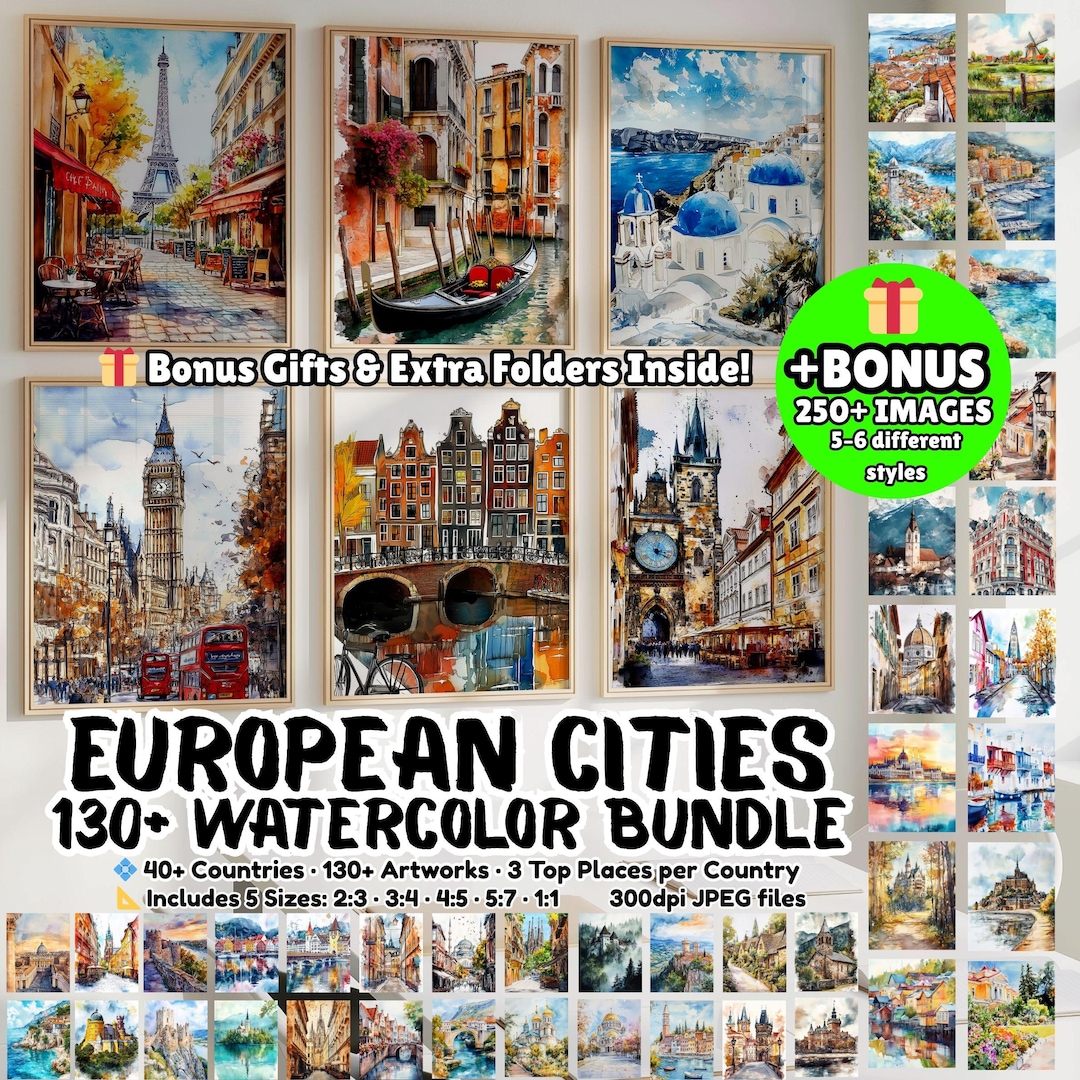 130+ European Travel Watercolor Prints Set , Europe Wall Art Cities ...