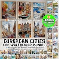 130+ European Travel Watercolor Prints Set , Europe Wall Art Cities, Prints Mega Bundle, , City Poster Set, Cityscape Poster, Printable JPEG