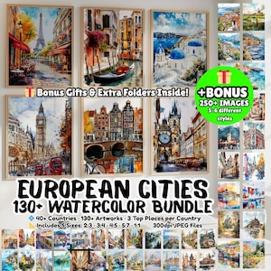 130+ European Travel Watercolor Prints Set , Europe Wall Art Cities, Prints Mega Bundle, , City Poster Set, Cityscape Poster, Printable JPEG