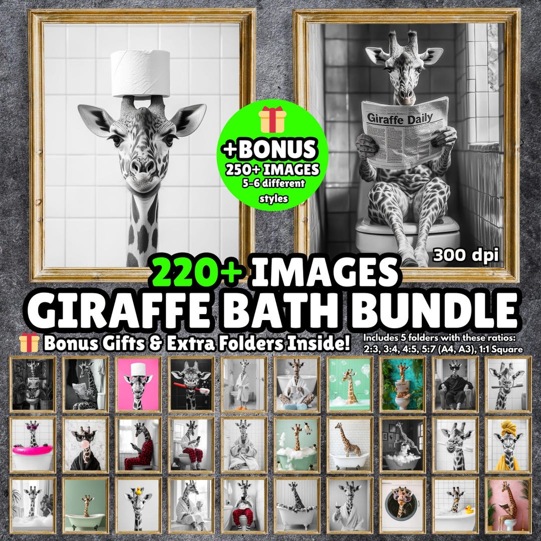 220+ Funny Giraffe BUNDLE Bathroom Art Prints, Quirky Animal Poster ...
