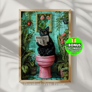 Black Cat Reading Newspaper on Toilet, Funny Cat Wall Art Print, Bathroom Decor Printable, Humor, Kitty Pooping, Vintage Restroom signs Jpeg