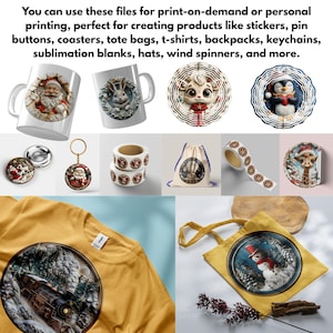 May include: A collection of print-on-demand products, including mugs, buttons, stickers, a tote bag, and a t-shirt. The designs feature festive holiday themes, such as Santa Claus, a rabbit, a snowman, and a train. The text in the image says: "You can use these files for print-on-demand or personal printing..."