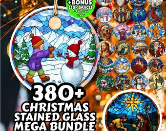 380+ Christmas Stained Glass Mega Bundle, Round Ornament PNGs, Christian Prints, Sublimation Files, Car Coasters, Circle Xmas, Pin Buttons