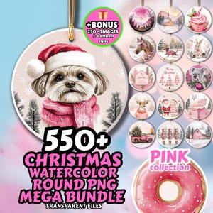 May include: A collection of Christmas-themed watercolor PNG images. The main image features a Shih Tzu dog wearing a Santa hat and scarf. Additional images include various holiday designs, such as a pink donut, a deer, and a pink truck with a Christmas tree.