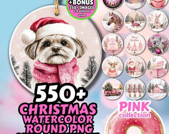 550+ Christmas Watercolor Round PNG Mega Bundle - Holiday Clipart, Ornament Designs