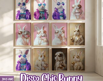 12 Glam Bunny Printables, Wall Art Prints, Disco Chic Bunny, Disco Ball Art Prints, Easter Rabbit PNG , Purple wall arts, set of 12 Bundle
