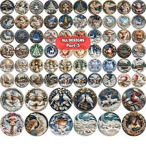 May include: A collection of intricately designed, round decorative pieces. The designs include Christmas themes, angels, animals, and winter scenes. The text "ALL DESIGNS Part-5" is displayed on a red oval in the center.