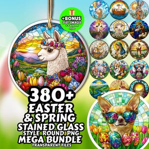 Puede incluir: Colección de imágenes PNG de estilo vidriera con temática de Pascua y Primavera. La imagen principal presenta un adorno redondo con una llama con una corona de flores, rodeada de flores coloridas y un paisaje. Otras imágenes incluyen animales y escenas religiosas.