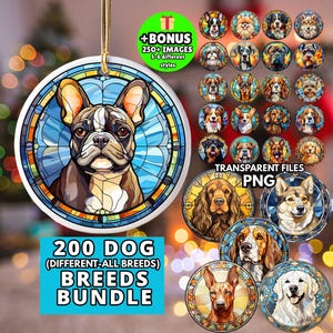 Könnte beinhalten: Ein Set mit 200 Illustrationen von Hunderassen im Stil von Buntglas. Die Illustrationen befinden sich in einem runden Rahmen mit blauem, gelbem und rotem Hintergrund. Der Text "200 DOG (DIFFERENT-ALL BREEDS) BREEDS BUNDLE" befindet sich am unteren Rand des Bildes.