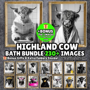 Oltre 230 divertenti stampe da parete con mucche delle Highlands, foto di animali da bagno, lavarsi i denti, stampe per vasca da bagno, mucca nella vasca da bagno stampabile, decorazioni in bianco e nero.