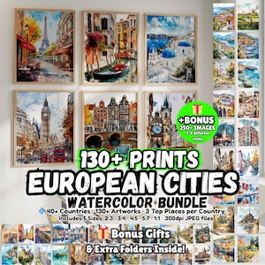 Set of 130 European City Watercolor Prints, Travel Art Mega Bundle (Digital Download)