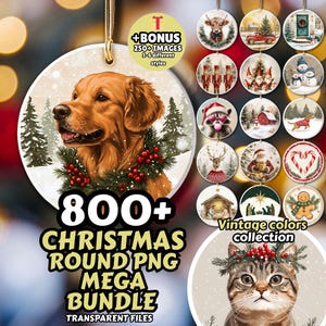 Könnte beinhalten: Eine Sammlung von runden PNG-Bildern zum Thema Weihnachten. Das Hauptbild zeigt einen Golden Retriever mit einem festlichen Kranz. Weitere Bilder zeigen verschiedene Weihnachtsdesigns, wie einen roten LKW, den Weihnachtsmann und eine Katze mit einem Kranz. Der Text lautet "800+ Christmas Round PNG Mega Bundle".