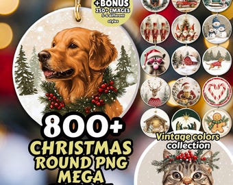 800+ Beige Christmas Round PNG Bundle, Sublimation Ornament Prints, Holiday Animals, Festive POD, Watercolor Nativity, Christian Circle File