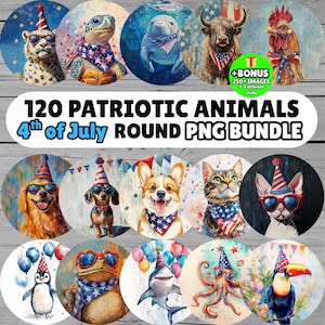 Może przedstawiać: Zbiór okrągłych obrazów cyfrowych przedstawiających patriotyczne zwierzęta, w tym geparda, żółwia, foki, byka i koguta, każdy ozdobiony patriotycznymi akcesoriami. Obrazy są oznaczone jako "120 PATRIOTIC ANIMALS 4th of July ROUND PNG BUNDLE."