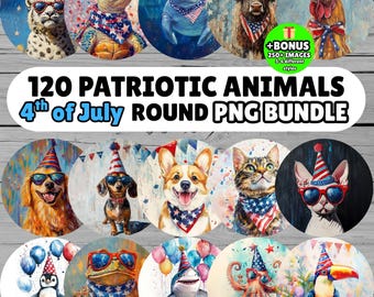 Set of 120 Patriotic Animals PNG Bundle, 4th of July Watercolor Clipart