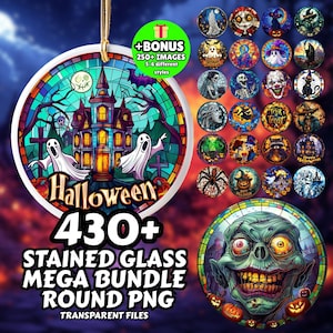 May include: A Halloween-themed bundle of stained glass designs. The main image features a round ornament with a haunted house, ghosts, and the word "Halloween." Additional designs include various spooky images. The text reads "430+ STAINED GLASS MEGA BUNDLE ROUND PNG".