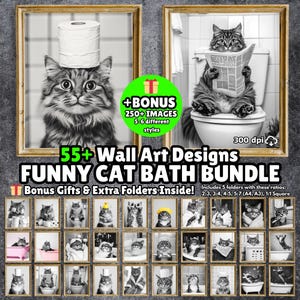 Oltre 55 divertenti disegni da parete con gatti, file stampabili con gatti divertenti, gatto sul water, stampe di gattini, stampe di gatti, animali nel water, gatto nella vasca da bagno AI