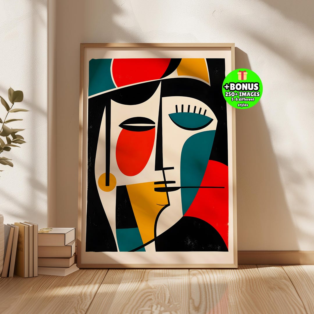 Colorful Cubist Face Wall Art, Bold Abstract Portrait Print, Teal Red ...