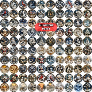 May include: A collection of intricately designed round ornaments with winter and holiday themes. Each ornament features detailed relief carvings of animals, landscapes, and festive elements. The text "ALL DESIGNS Part-1" is displayed in a red oval.