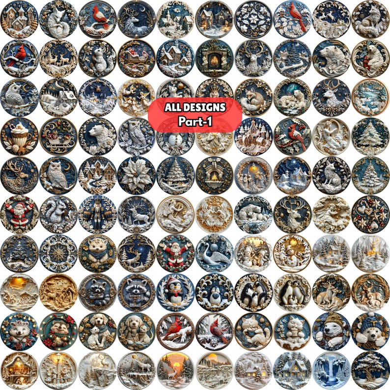 May include: A collection of intricately designed round ornaments with winter and holiday themes. Each ornament features detailed relief carvings of animals, landscapes, and festive elements. The text "ALL DESIGNS Part-1" is displayed in a red oval.