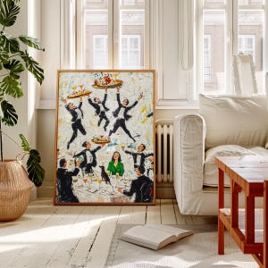 May include: A framed painting depicts a lively scene of people in formal attire, some holding trays with drinks. The artwork features a palette of white, black, and green, with a wooden frame. The painting is displayed in a well-lit room with a sofa and a plant.
