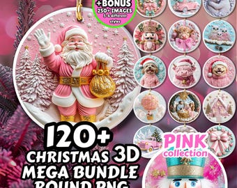 Pink Christmas 3D PNG Bundle, Holiday Animals, POD Designs (120+)