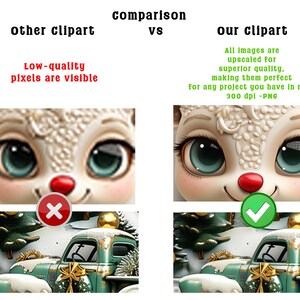 May include: Comparison image showing "other clipart" versus "our clipart". The "other clipart" shows low-quality pixels. "Our clipart" is upscaled for superior quality. The image includes a cartoon deer face and a vintage green truck.