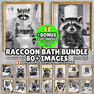 80+ Lustiger Waschbär Wall Art Bundle, Schwarzweiß-Poster, Tiere Humor Druck, Toilettenpapierrolle am Kopf, Zähneputzen, Waschbär Bademantel