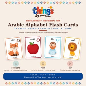 Puede incluir: Una presentación de producto digital para tarjetas didácticas del alfabeto árabe de things by marwa. La imagen muestra cuatro tarjetas de muestra con un zorro, una manzana, una persona y un león, junto con letras árabes y texto en inglés. Incluye instrucciones.