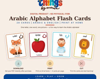 May include: A digital product display for Arabic Alphabet Flash Cards by things by marwa. The image features four sample cards showing a fox, apple, person, and lion with Arabic letters and English text. It includes instructions to download, print, and cut.