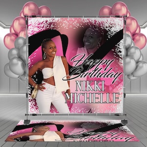 Puede incluir: Tel&oacute;n de fondo de cumplea&ntilde;os rosa y negro con purpurina plateada y el texto "Happy Birthday Nikki Michelle".