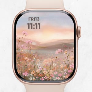 Sfondo Apple Watch con tramonto di fiori selvatici – Quadrante orologio floreale boho – Sfondo digitale acquerello pastello