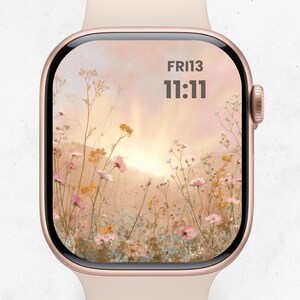 Sfondo Apple Watch con tramonto di fiori selvatici – Quadrante orologio floreale boho – Sfondo digitale acquerello pastello