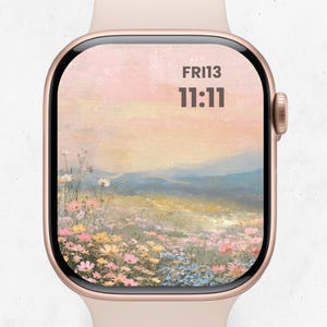 Sfondo Apple Watch con tramonto di fiori selvatici – Quadrante orologio floreale boho – Sfondo digitale acquerello pastello