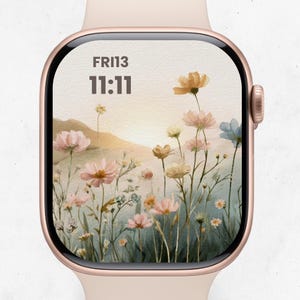 Sfondo Apple Watch con tramonto di fiori selvatici – Quadrante orologio floreale boho – Sfondo digitale acquerello pastello