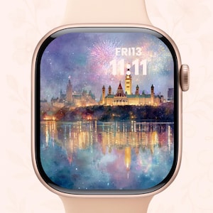 Pacchetto di sfondi per Apple Watch per il Giorno del Canada: fuochi d'artificio di Parliament Hill e foglie d'acero - Download digitale del quadrante patriottico canadese