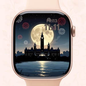 Pacchetto di sfondi per Apple Watch per il Giorno del Canada: fuochi d'artificio di Parliament Hill e foglie d'acero - Download digitale del quadrante patriottico canadese