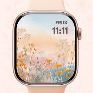 Sfondo Apple Watch con tramonto di fiori selvatici – Quadrante orologio floreale boho – Sfondo digitale acquerello pastello